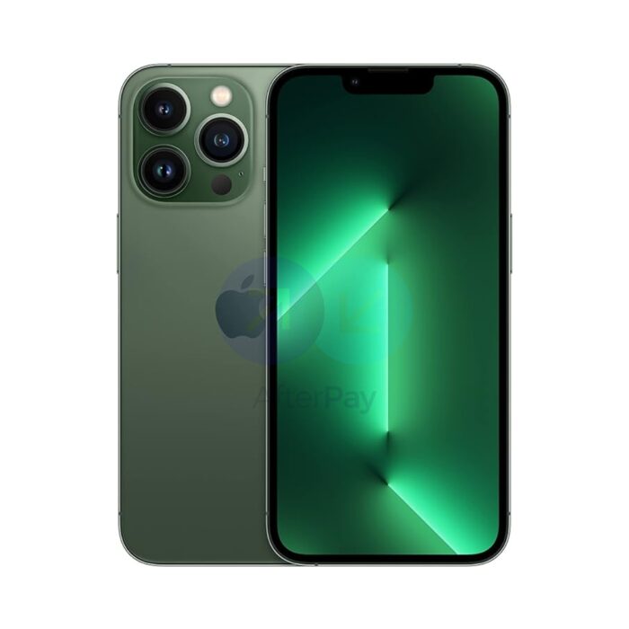 Apple iPhone 13 Pro Alpine Green front and back view showing camera and design